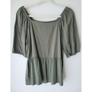 LOFT Outlet Olive Peasant Blouse Womens Medium Square Neck Puff Sleeve Babydoll